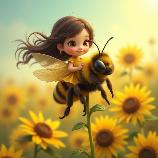 a whimsical cute girl with big eyes, big hair and flowing dress, riding astride a bumble bee, and flying across the top of the sunflower, which are just waking up, and catching dew drop of rain