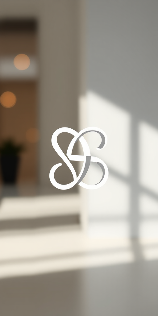 Create a high-resolution minimalist logo featuring intertwined letters, using a Canon EOS R5 with a 50mm f/1.2 lens at ISO 100, aperture f/2.8, and a slight bokeh background for added depth, shot in natural light from a soft angle.