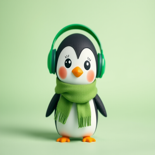 Create a cute cartoon penguin wearing green headphones and a green scarf, standing on a solid light green background, captured with a DSLR camera at f/2.8 aperture, 50mm lens, ISO 100, using a soft-focus technique for a playful effect.