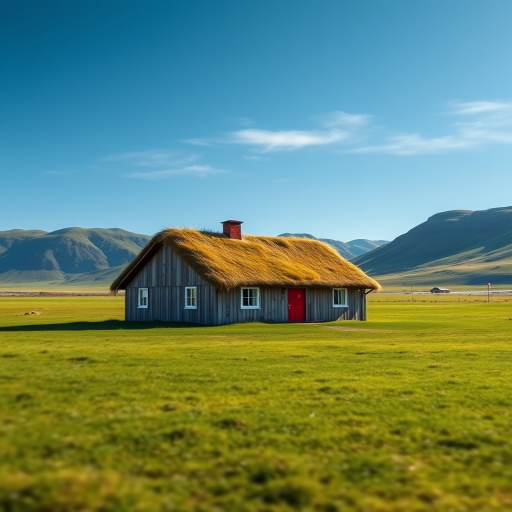 Regenerate an image of a traditional Icelandic house with a grassy roof in a vast green landscape under a clear blue sky, with mountains in the background; use a DSLR camera with a 24mm lens, f/11 aperture, ISO 100, and a balanced exposure to enhance details and color vibrancy.
