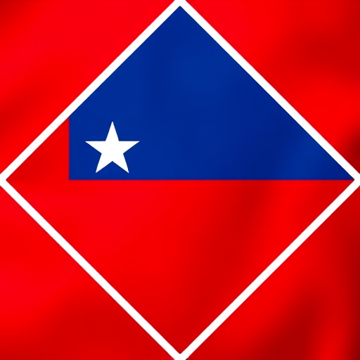 Create a high-resolution image of the Chilean flag within a diamond-shaped border, utilizing a DSLR camera with a 50mm lens at f/2.8, ISO 100, and a slight vignette effect, with a straight-on view to enhance the colors and contrast.