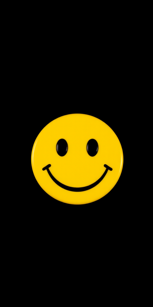 Create a vibrant, high-resolution image of a classic yellow smiley face on a solid black background, using a DSLR camera with a 50mm lens, f/1.8 aperture, ISO 100, and a centered composition.