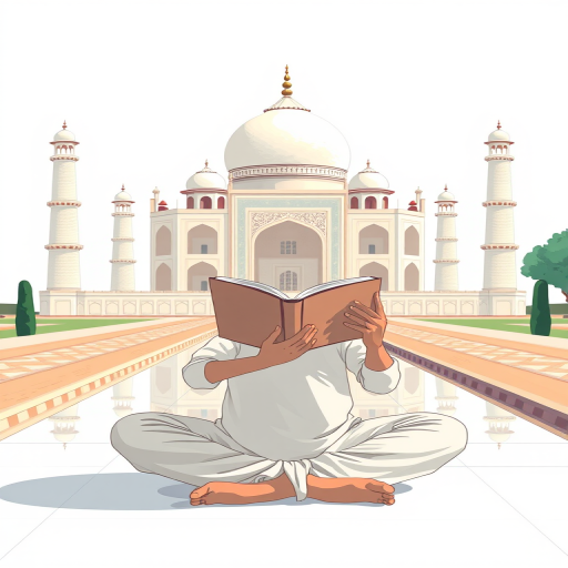 Create a high-resolution illustration of a serene figure reading a book, seated cross-legged in a minimalist style, with the Taj Mahal in the background, using a Canon EOS 5D Mark IV, lens aperture f/2.8, ISO 100, 50mm lens, natural light to enhance colors and details.
