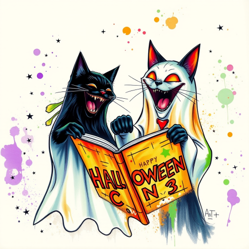 Image of a ghost and a black cat laughing exaggeratedly , and reading a comic halloween comic book, alcohol ink airbrush style, funny halloween theme, white background with neon purple, neon orange, neon green splash, black sparkles stars , dazzling BG