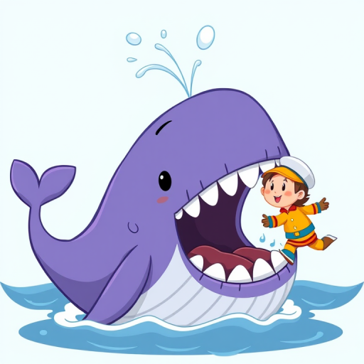 Create a cartoon-style illustration of a colorful whale with a purple body and a blue head, playfully spouting water, while a cartoon sailor in a yellow outfit is comically being 'eaten' by the whale's mouth, using a vibrant color palette and smooth outlines, shot with a digital camera at f/8, ISO 100, 24mm lens, in landscape view for sharp details and rich colors.