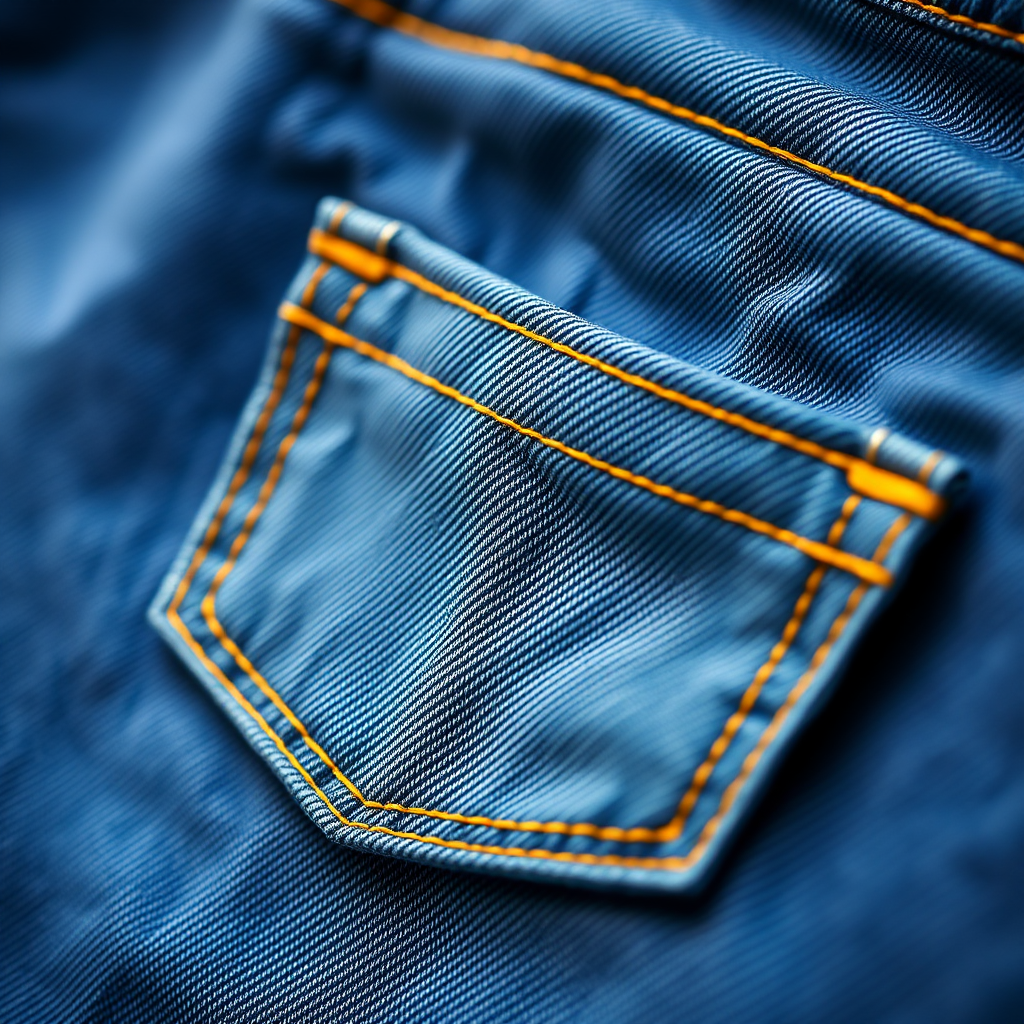 Create a high-resolution image of a denim pocket with detailed stitching, vibrant colors, and a textured fabric background, captured at f/2.8 aperture, ISO 100, 50mm lens, in a flat lay perspective using a DSLR camera, emphasizing clarity and depth.