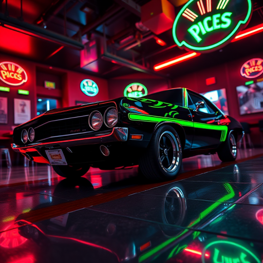 Capture a sleek black 1960s muscle car with neon green stripes in a vibrant retro nightclub, low-angle shot, f/2.8 aperture, ISO 400, 24mm lens, use a DSLR for enhanced clarity and depth of field, emphasize the reflections on the polished floor and neon lights in the background.