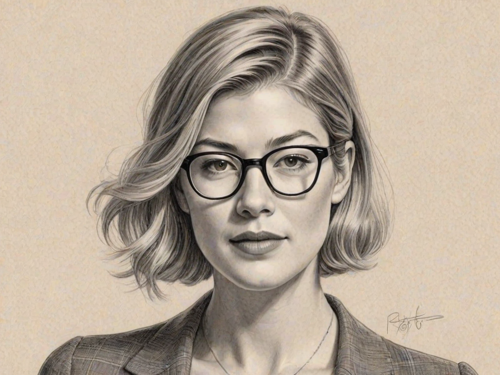 Radiant Rosamund Pike, pencil sketch, portrait of Enchanting woman 1928s in glasses, hair style beatnik, outline, clear lines, fine lines, 8k