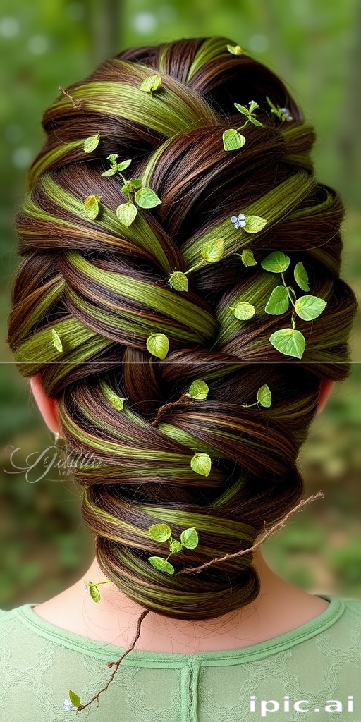 Enchanted Forest Twisted Updo incorporating various shades of green and brown, adorned with tiny leaf-shaped hair accessories and delicate vines woven throughout