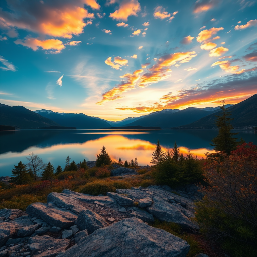 Create a vibrant landscape of a serene lake at sunset, with mountains in the background, captured with a Canon EOS R5 using a 24-70mm f/2.8 lens, at f/8, ISO 100, with a wide-angle view and HDR imaging for enhanced details and colors.