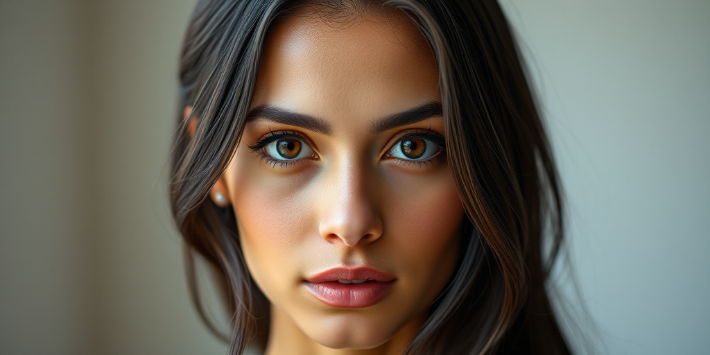 Generate a high-resolution digital portrait of a woman with dark hair and light skin, focusing on her striking features and bright eyes, using a Canon EOS R5 with an 85mm f/1.2 lens, set at ISO 100, aperture f/1.8, and shutter speed 1/200s, in a soft natural light setting.