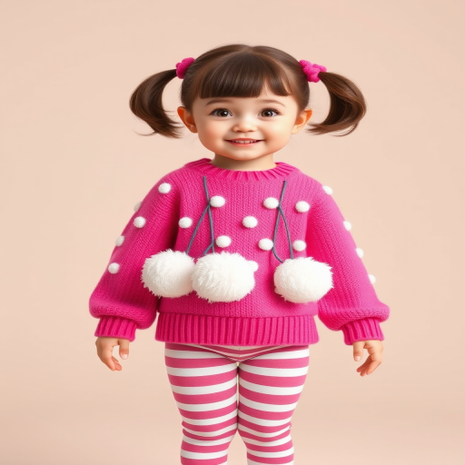 Generate a high-quality 3D render of a young girl with brown hair styled in pigtails, wearing a vibrant pink oversized sweater with white pom-poms and striped leggings, standing in a cheerful pose against a neutral background, use a Canon EOS R5 camera with 50mm lens, aperture set to f/1.8 for a shallow depth of field, ISO 100 for minimal noise, with soft lighting to enhance detail and color vibrancy.