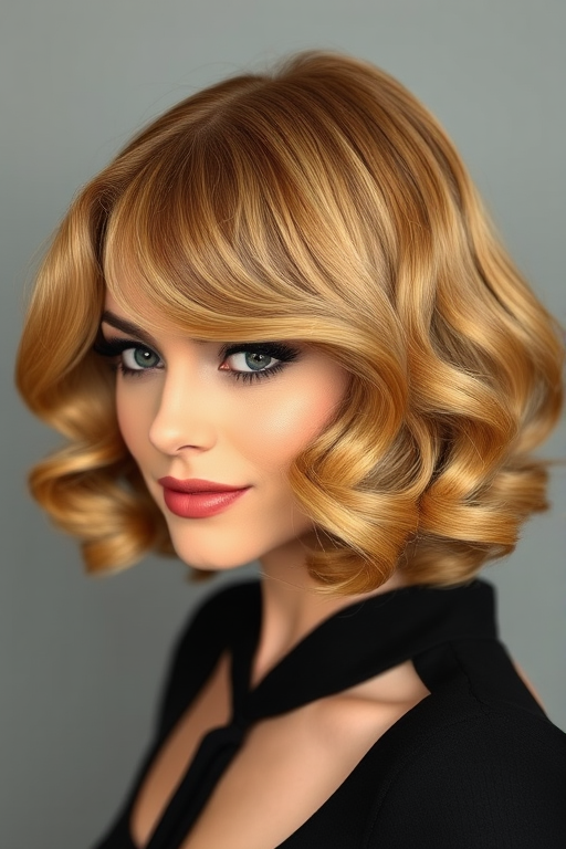 Vintage-inspired hair style showcasing finger waves in a rich honey blonde hue styled into a glamorous faux bob silhouette