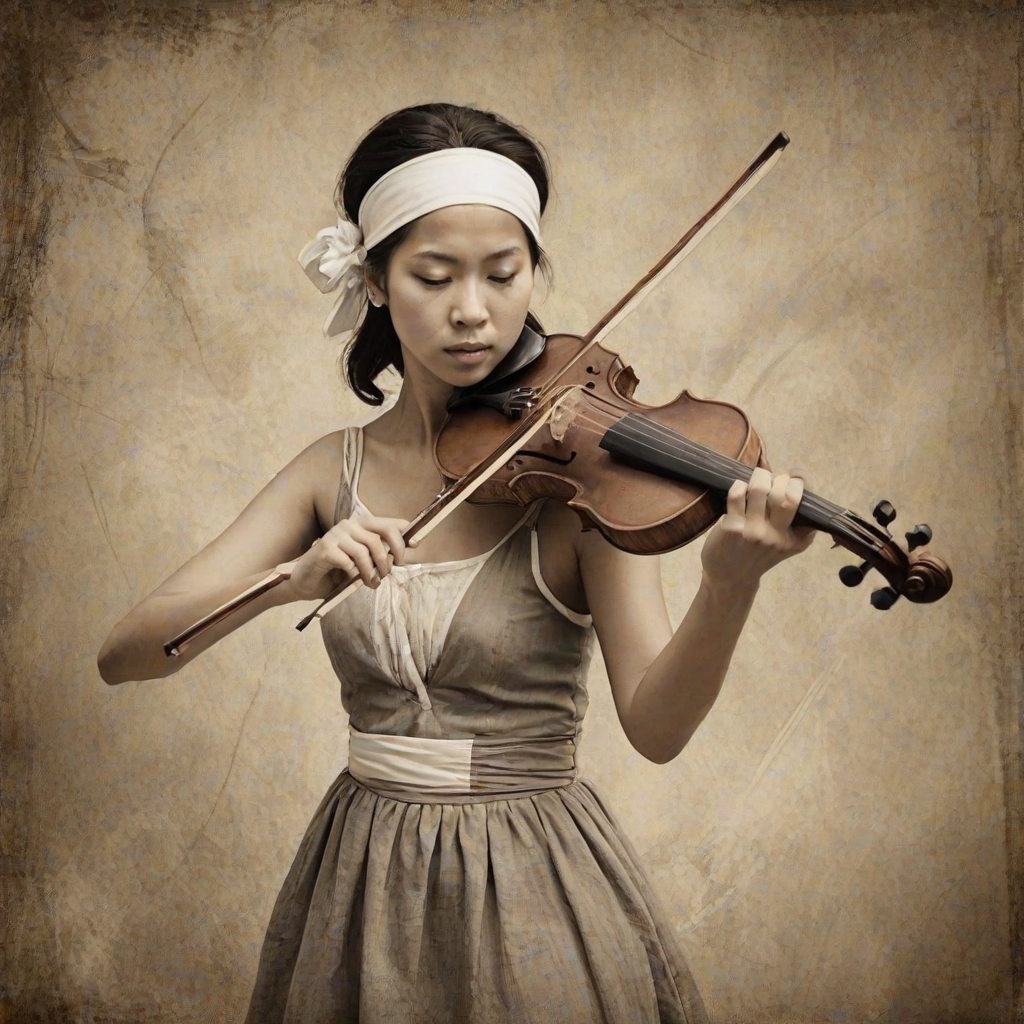 a young Ryukyuan woman with a white headband playing a violin, in the style of a charcoal drawing, sepia grunge background