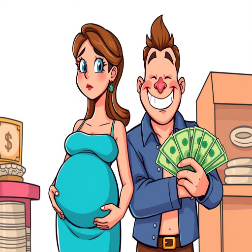 Create an illustration of a pregnant woman with a concerned expression, standing next to a man with a mischievous grin holding cash, in a cartoonish style, use bright colors, make it a wide-angle shot with a 24mm lens, f/8 aperture for depth of field, and use a digital drawing tablet for clean lines and vibrant details.