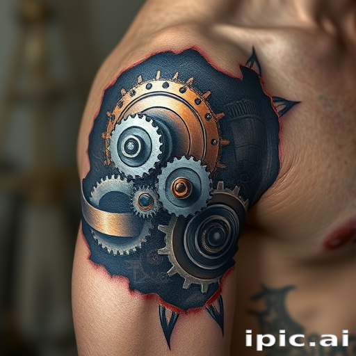 Biomechanical tattoo extending from shoulder to elbow, revealing hyper-realistic mechanical gears and pistons beneath torn skin in metallic silver and copper tones