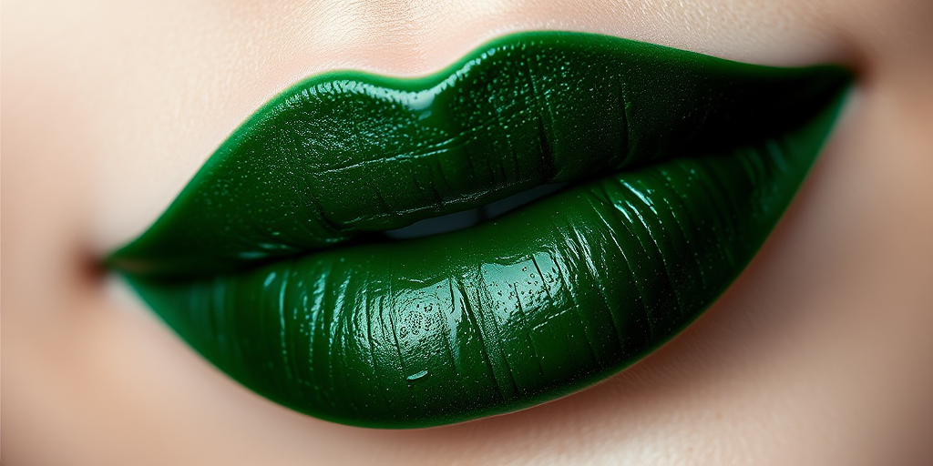Deep emerald green lipstick "Enchanted Forest" with subtle shimmer and moisturizing core, ideal for editorial looks and daring makeup enthusiasts, comfortable wear