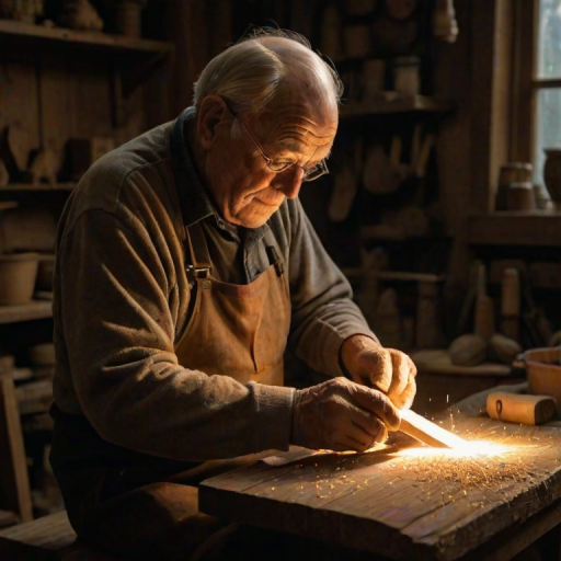 Warmly lit image of an elderly man carving a wooden figure in a dimly lit workshop, soft glow from a nearby lamp casting shadows on his weathered hands, the smell of sawdust filling the air.