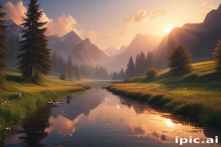 Stunning Sunrise Over Tranquil Mountain Landscape with Reflective River