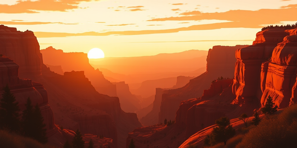 Create a serene landscape illustration of a canyon at sunset with layered silhouettes of mountains and trees in warm earth tones, using a DSLR camera with a focal length of 50mm, aperture set to f/8, ISO 100, and a wide-angle view to capture depth in the foreground.
