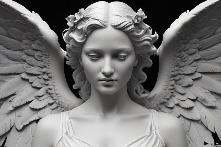 Elegant White Marble Angel Figure with Majestic Wings and Serene Expression