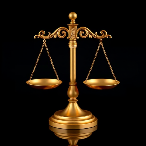 Create a high-resolution image of a golden scale of justice on a glossy black circular background, using a DSLR camera with a 50mm lens, f/1.8 aperture, ISO 100, and 1/200 second shutter speed, capturing a close-up view with soft lighting for enhanced detail and clarity.