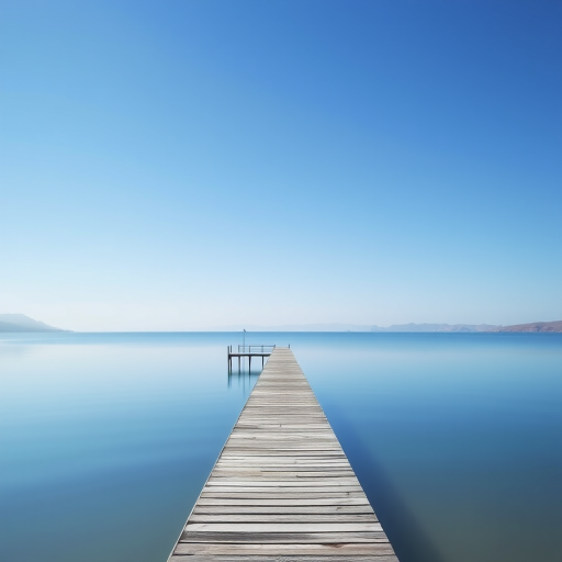 Capture a serene water landscape featuring a long, solitary pier extending into a calm lake with a clear blue sky, using a DSLR camera with a 24mm lens, aperture set to f/8, ISO 100, and a shutter speed of 1/125 sec for enhanced clarity and detail.