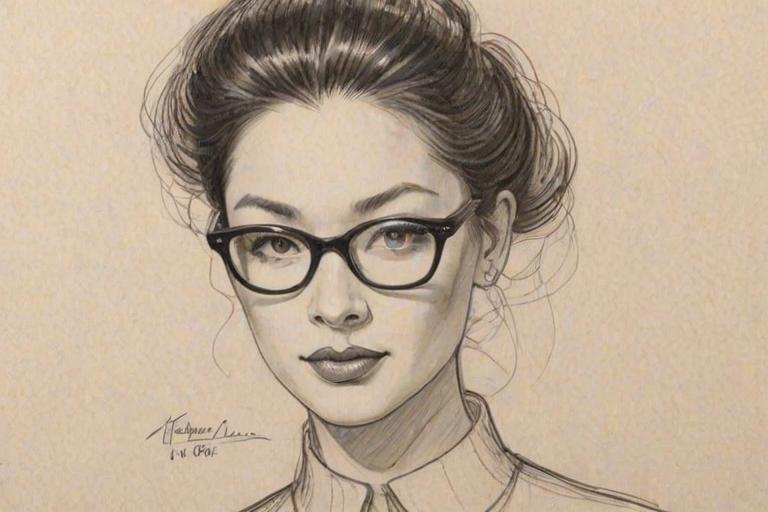 Fetching Vera Wang, pencil sketch, portrait of Resplendent woman 1956s in glasses, hair style beatnik, outline, clear lines, fine lines, 8k