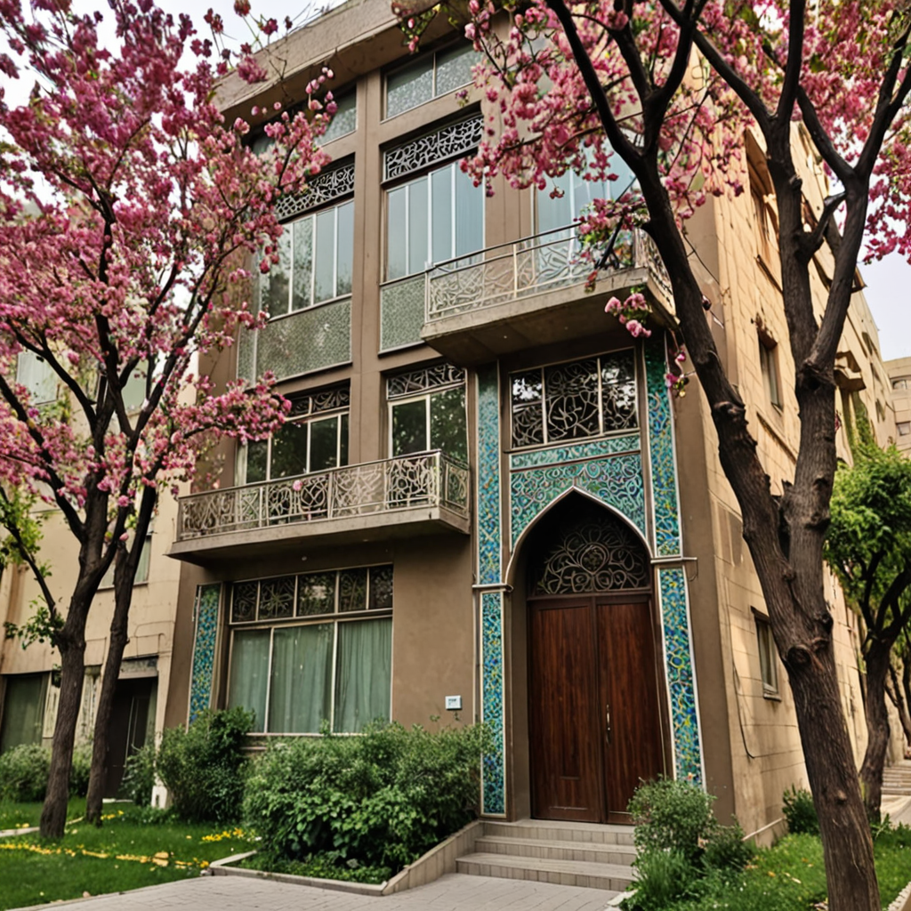 Tehran city filled with flowers and trees with art nouveau styled