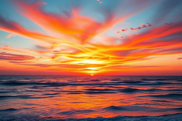 Create a high-resolution image of a vibrant sunset over an ocean horizon with vivid colors, using a DSLR camera, 35mm lens, aperture set to f/8, ISO 100, shutter speed 1/250s, capturing a wide-angle view for enhanced detail and depth.