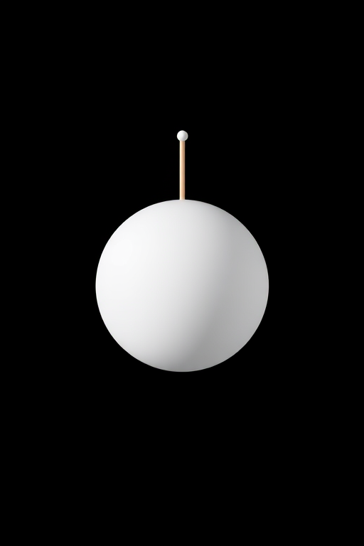 Create a high-resolution vector graphic of a stylized white orb with a protruding stick, centered on a solid black background, shot with a DSLR camera at f/8 aperture, ISO 100, and a 50mm lens, using a top-down perspective for a modern minimalist aesthetic.