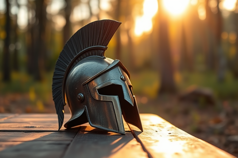 A detailed spartan helmet resting on a wooden table in a sunlit forest clearing, captured with a Canon EOS R5, 50mm f/1.2 lens, aperture set to f/2.8, ISO 100, soft focus background for enhanced depth, golden hour lighting for warm tones.