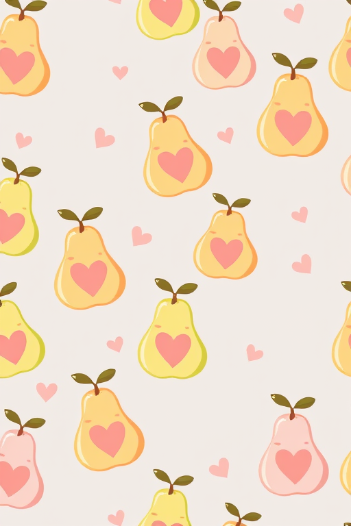 Create a whimsical pattern featuring cute cartoon pears with heart shapes in a pastel color palette on a soft gray background, shot with a DSLR camera, aperture f/2.8, ISO 100, 50mm lens, top-down view, vibrant colors and soft focus for a playful feel.