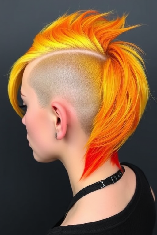 Fierce flame-inspired undercut featuring vibrant yellows and oranges, Blaze's hair ignites passion with its bold color placement and edgy asymmetrical design, shaved on one side and long on the other