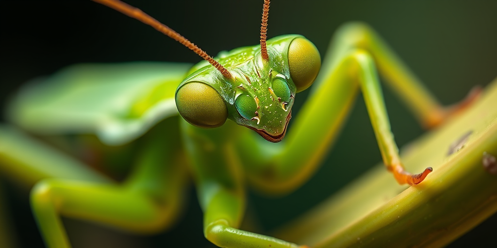 Create a highly detailed illustration of a vibrant green praying mantis, capturing intricate textures and colors, using a macro lens at f/2.8, 1/200s shutter speed, with soft diffused lighting, from a low-angle perspective to enhance its features, in a digital painting style.