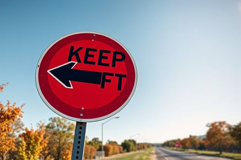Create a high-resolution image of a road sign that says "KEEP LEFT" with a left-pointing arrow, captured with a DSLR camera at f/8 aperture, ISO 200, 1/250 sec exposure, using a wide-angle lens, in a natural outdoor setting with clear skies and vibrant colors.