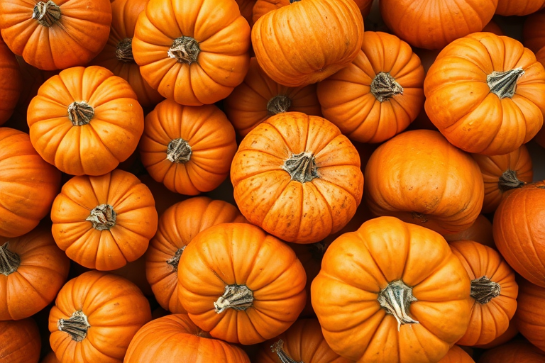 a close-up shot of a pile of orange pumpkins in various sizes and textures, natural lighting, aperture f/2.8, ISO 100, shutter speed 1/250, taken with a DSLR camera in a top-down view for a rich depth of field