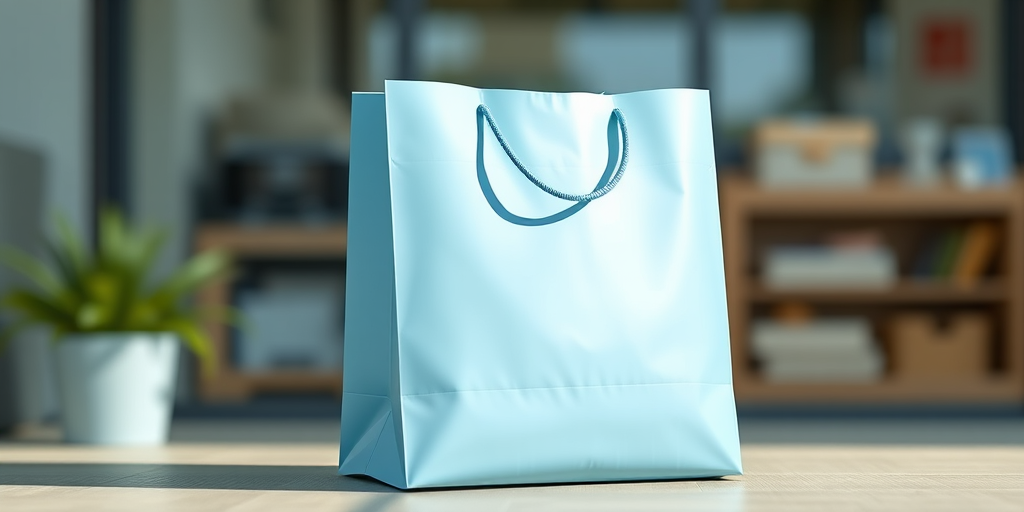 Create a detailed illustration of a light blue shopping bag with a sleek design, using a Canon EOS R5 camera, 50mm lens, f/2.8 aperture, ISO 100, in natural daylight with a shallow depth of field for a soft background blur, shot from a slightly elevated angle to emphasize the bag's structure.