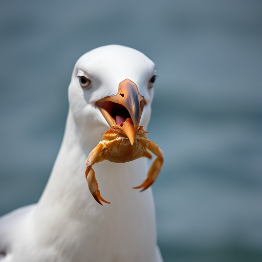 A close-up shot of a seagull with a crab in its beak, shallow depth of field, 85mm lens, f/2.8 aperture, ISO 200, natural lighting, using a DSLR camera.