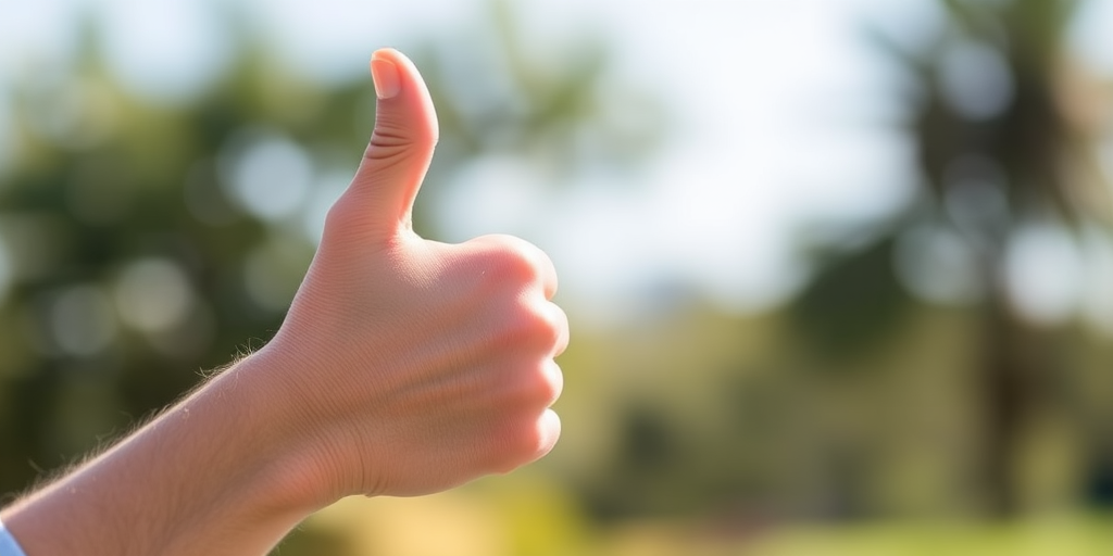 thumbs up gesture with a blurred background, natural lighting, 50mm lens, aperture f/2.8, ISO 100, shutter speed 1/200s, taken with a DSLR camera.