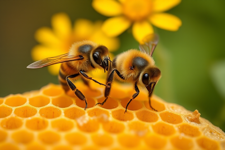 Close-up shot of two bees on honeycomb with yellow flowers in the background, f/2.8, 1/200s, ISO 100, macro lens, natural light, DSLR camera, high-resolution.