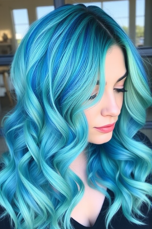Cerulean blue to seafoam green color melt styled in mermaid waves, named "Oceanic Odyssey" hair, showcasing a pearlescent sheen and beach-inspired texture