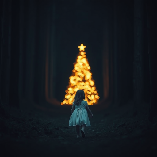 a child in a white dress walking towards a glowing Christmas tree in a dark forest, soft focus, shallow depth of field, 50mm lens, f/1.8, ISO 400, evening light, cinematic style, DSLR camera