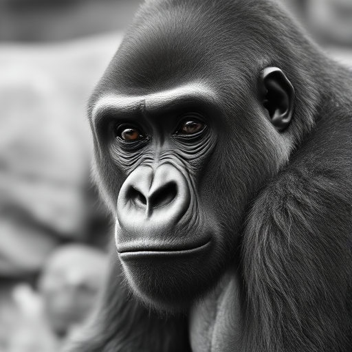 highly detailed black and white portrait of a gorilla with a focused expression, natural lighting, shallow depth of field, captured with a Canon EOS-1D X Mark III, 85mm lens, f/1.8, ISO 100, 1/200s