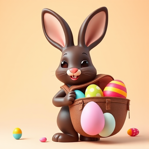 Generate an image of a cartoon character resembling a chocolate rabbit with large ears, wearing a brown backpack filled with colorful Easter eggs, in a vibrant, playful style, with a clean background, shot with a Canon EOS 5D Mark IV, aperture f/4, ISO 100, and a focal length of 50mm for enhanced detail and quality.