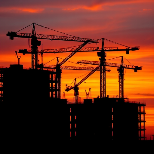 Create a high-resolution silhouette of a construction site at sunset with multiple cranes in different positions, using a 50mm lens, aperture f/8, ISO 100, and a wide-angle view for depth, capturing vibrant colors in the sky transitioning from orange to deep blue.