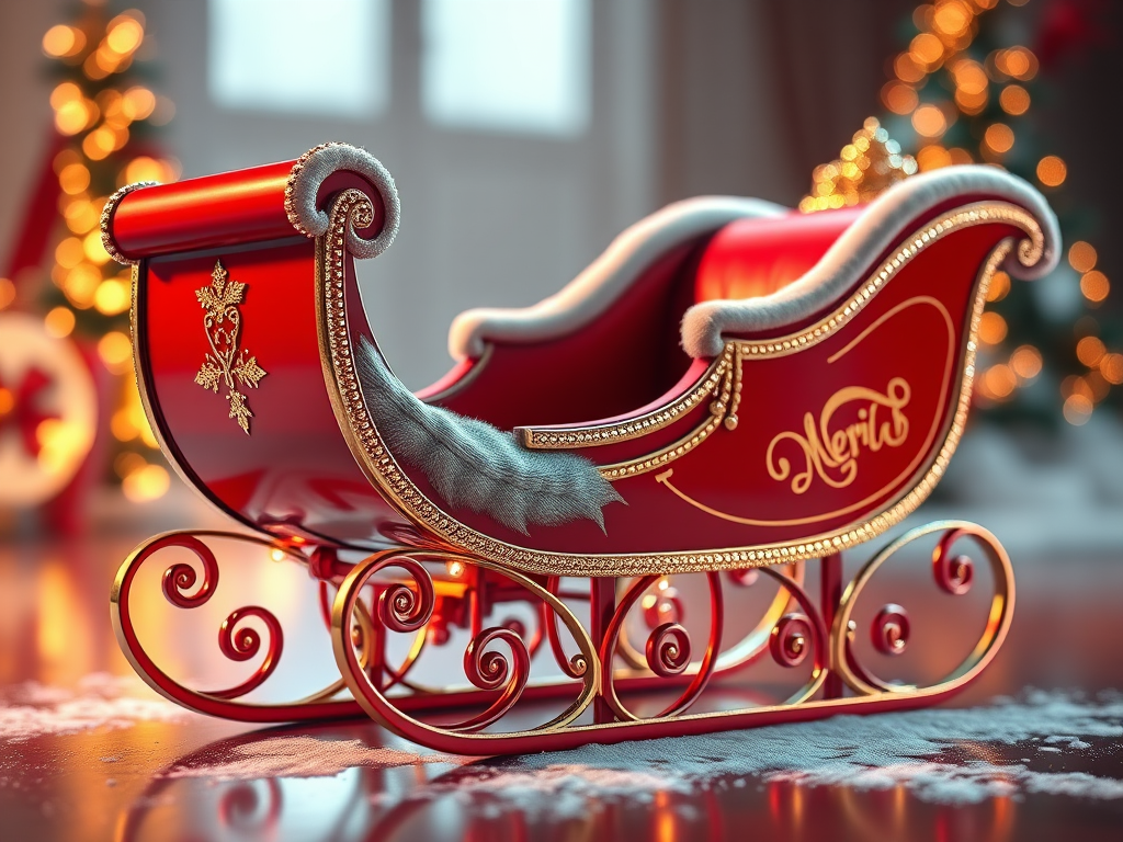 Create a high-resolution 3D render of a classic Santa sleigh with vibrant red color and gold accents, using a 50mm lens, aperture f/2.8, ISO 100, with a soft focus background and dramatic lighting to enhance reflections and details, shot from a 45-degree angle to capture depth.