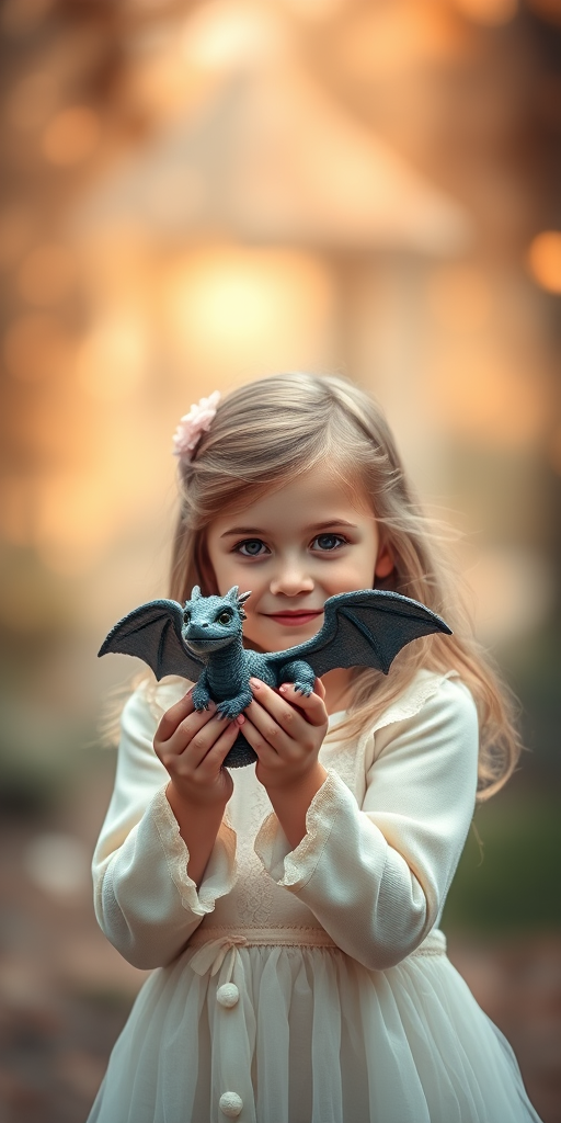Create an image of a young girl holding a dragon figurine, set in a magical, ethereal atmosphere with a bokeh background, using a DSLR camera with a 50mm lens, aperture set to f/1.8, ISO 200, and a soft, warm color palette for enhanced depth and clarity.