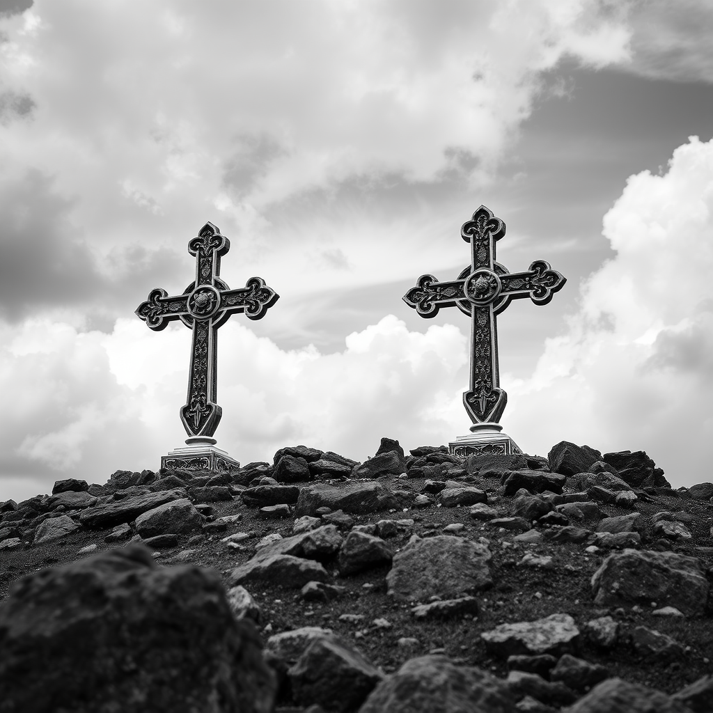 Create a high-resolution black and white image of two ornate crosses on a rocky hilltop under dramatic clouds, using a DSLR camera with an aperture of f/4, shutter speed of 1/250s, ISO 200, and a low-angle perspective to emphasize the height and detail of the crosses.