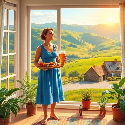In "A Glass of Beer on the Highland," a serene scene is depicted in a sunlit room where a woman in a vibrant blue dress stands by a large window. She holds a tray with a hearty meal and a frothy glass of beer, embodying a moment of relaxation. Outside, the breathtaking highland landscape features rolling green hills and a charming traditional house, all bathed in warm afternoon light. The interior is adorned with potted plants, creating a harmonious blend of comfort and nature. The painting beautifully captures the tranquility and joy found in simple pleasures amidst stunning scenery